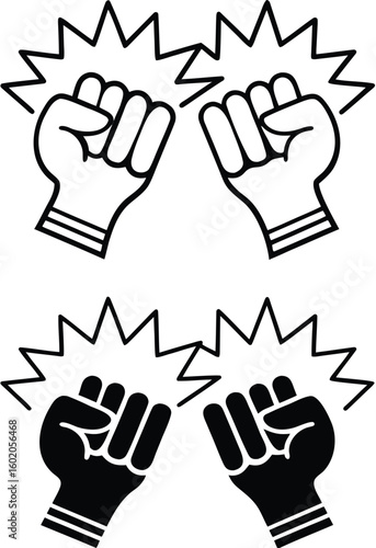Fighting Game Icons. Black and White Vector Icons. Hands Clenched into Fists and Ready for Battle. Combat Competitions, Boxing. Game Concept
