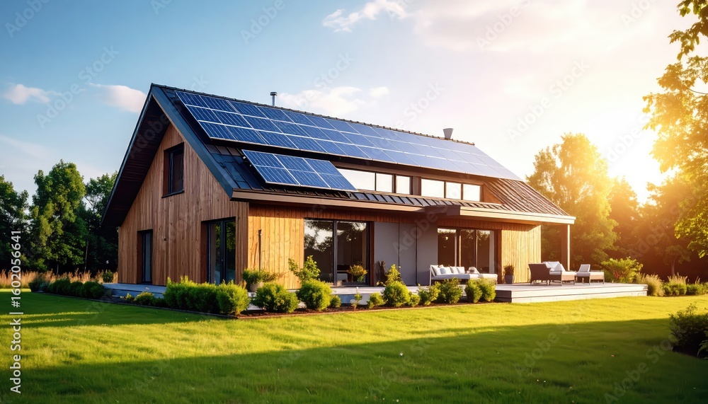 Fototapeta premium Solar-Powered Modern Farmhouse: Sunset Serenity