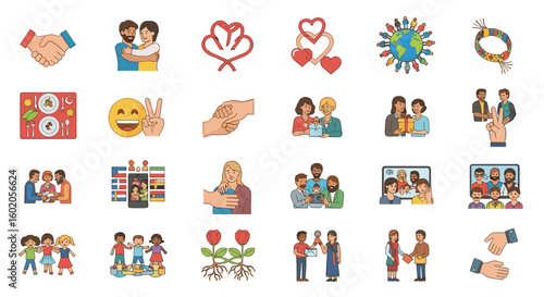 A collection of diverse relationship illustrations representing friendship, community, and connection in various social interactions and emotions