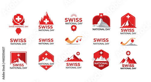 A collection of swiss national day logos featuring iconic symbols and vibrant designs for celebrating swiss heritage and culture