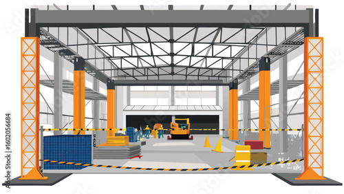 Illustration of a construction site with workers, machinery, and safety barriers inside a warehouse