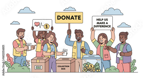 A community fundraising event with volunteers promoting donations and support for a cause to make a difference