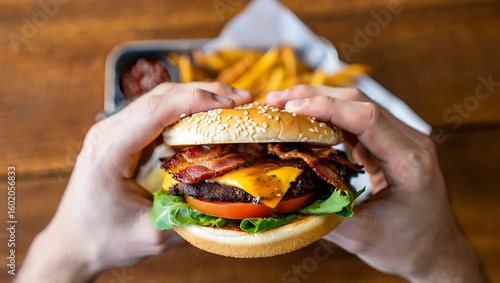 Hands Holding a Delicious Bacon Cheeseburger with Melted Cheese, Lettuce, and Tomato Over a Blurred Table