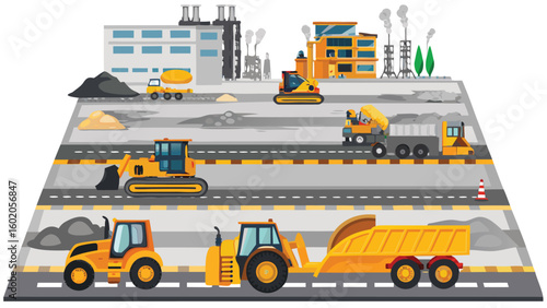 Illustration showing construction site with various trucks and heavy machinery in operation on the road