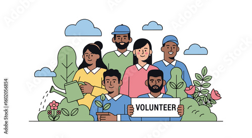 A community volunteer group engaging in environmental conservation and gardening activities for sustainable living