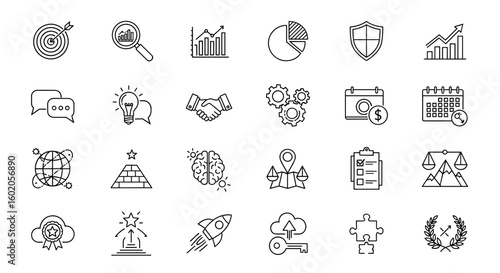 A comprehensive collection of business and finance icons representing growth, strategy, and innovation in a minimalist style