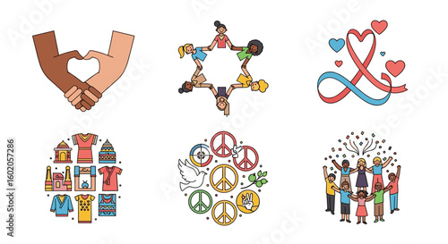 A vibrant celebration of unity and peace through colorful illustrations representing love, community, and inclusivity for social awareness campaigns