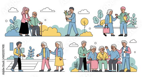 A vibrant community interaction illustration featuring seniors engaging with caregivers and neighbors in various supportive activities