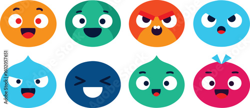 Vector art of a vibrant collection of cartoonish emoji faces with diverse expressions isolated on transparent background.