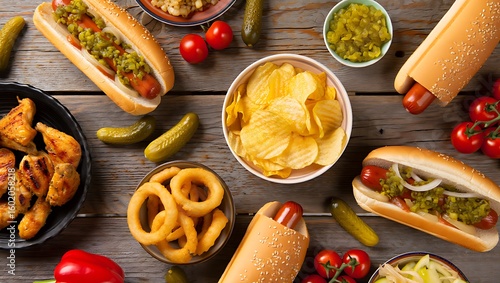 Wallpaper Mural Overhead view of an abundant fast food spread featuring hot dogs, chips, onion rings, and grilled chicken on a wooden table Torontodigital.ca