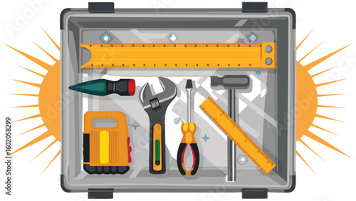 Illustration of a toolbox filled with various tools including a wrench ruler and screwdriver inside box