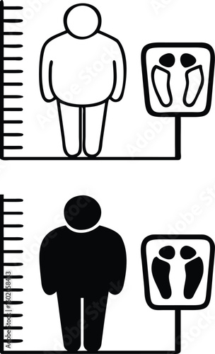 Body Mass Index Icons. Black and White Vector Illustration. Overweight Man, Bathroom Scale and Height Measurement Scale. Healthy Eating. Healthy Lifestyle. Weight Loss Concept
