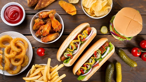 Wallpaper Mural Overhead View of Classic American Fast Food Spread with Hot Dogs, Wings, and Sides on Wood Torontodigital.ca