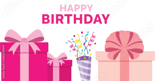 Happy birthday gifts and party popper for birthday celebration event background