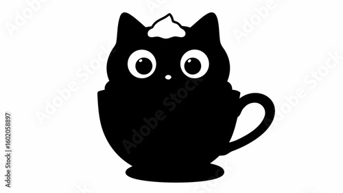 Silhouette of a cat inside a teacup with cream on its head in black and white illustration style