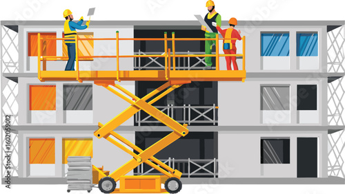 Construction workers on a scissor lift working on a building with multiple windows and scaffolding around it
