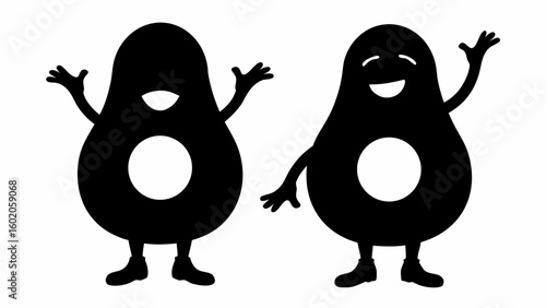 Two avocado characters with arms legs and faces in black and white silhouette style with round seed cutouts