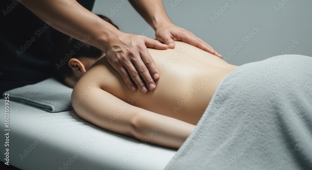 Obraz premium Relaxing Back Massage: Therapeutic Hands Relieving Tension on Woman's Back in Spa Setting