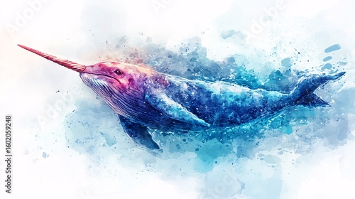Vibrant narwhal illustration with watercolor effect.