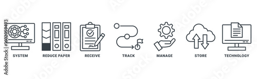 Document management icon set vector concept with icon of system, reduce paper, receive, track, manage, store, cloud, technology