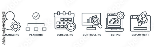 Release management icon set vector concept with icon of managing, planning, scheduling, building, testing, preparing and deployment