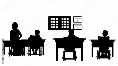 Silhouette illustration of a classroom scene with students at desks and a teacher standing near them