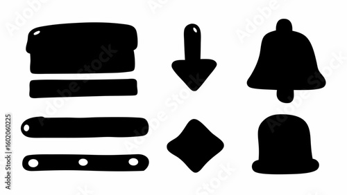 Collection of assorted black icons including menu bars arrow diamond and bell shapes on white background