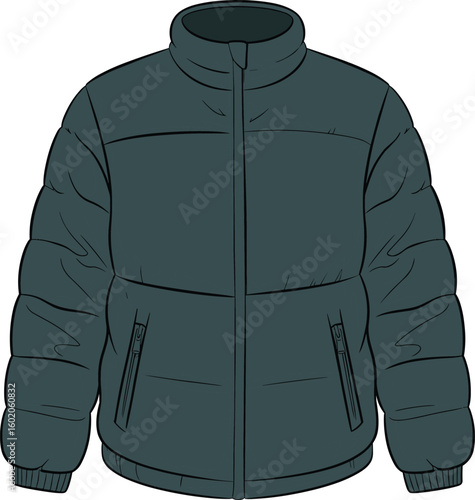 Puffer jacket with front zip, high neck collar and welt pockets cad drawing flat vector illustration for technical fashion design