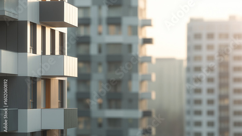 A contemporary residential building showcasing architectural details under soft daylight, surroundings gently blurred.