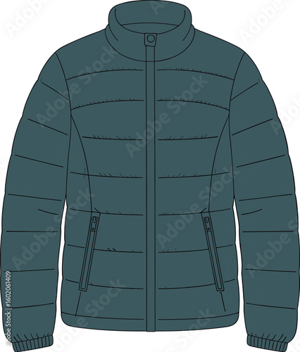 Technical padded puffer jacket with front zip and zippered pockets cad drawing flat vector illustration for fashion design mockup