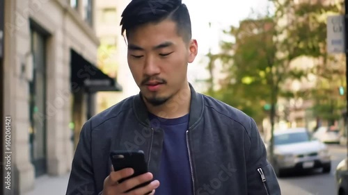 Man Checks Phone While Walking in City Setting
