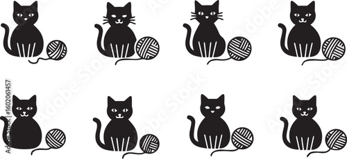 Cat with Yarn Silhouette Icon Vector Set – Playful Pet and Toy Scene