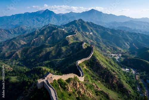 Stunning aerial view of the Great Wall of China winding through majestic mountains