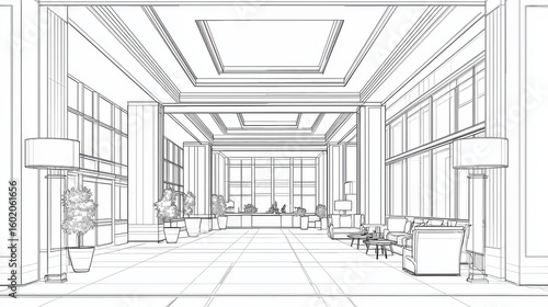 Architectural Sketch Grand Lobby with Tall Windows and Lounge Seating  Interior Design  Lobby Design