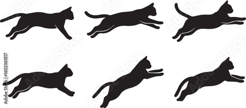 Jumping Cat Silhouette Icon Vector Set – Active Pet Motion Illustration