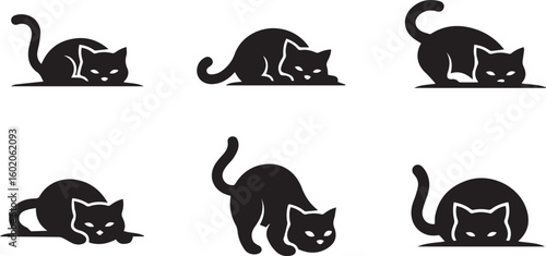 Cat Purring Silhouette Icon Vector Set – Relaxed Feline Vibration Symbol