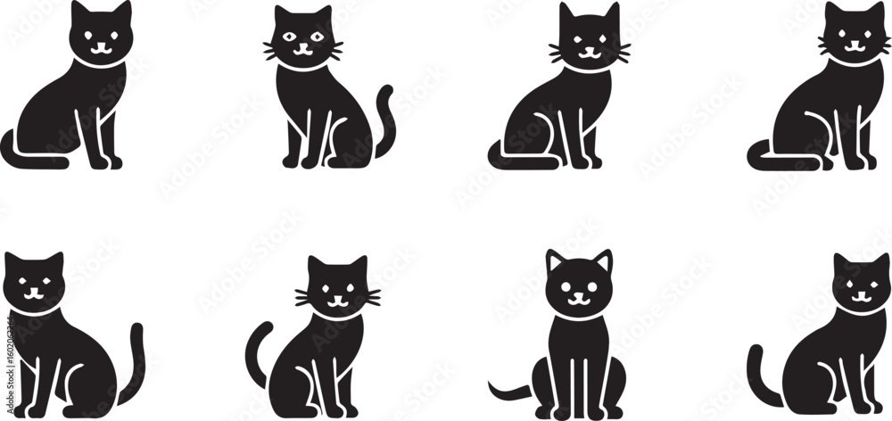 Fototapeta premium Sitting Tabby Cat Silhouette Icon Vector Set – Cute Striped Pet Pose