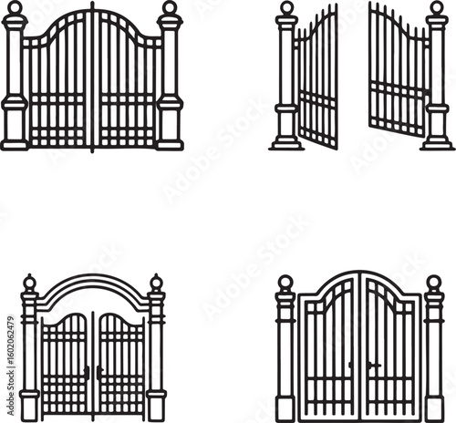 Set of Vintage gate Outline vector illustration isolated On Transparent Background