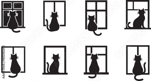 Cat on Window Silhouette Icon Vector Set – Peaceful Indoor Pet Scene