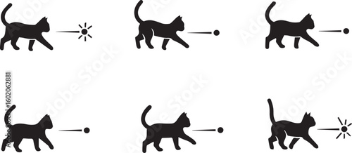 Cat Chasing Laser Silhouette Icon Vector Set – Playful Pet Action Scene