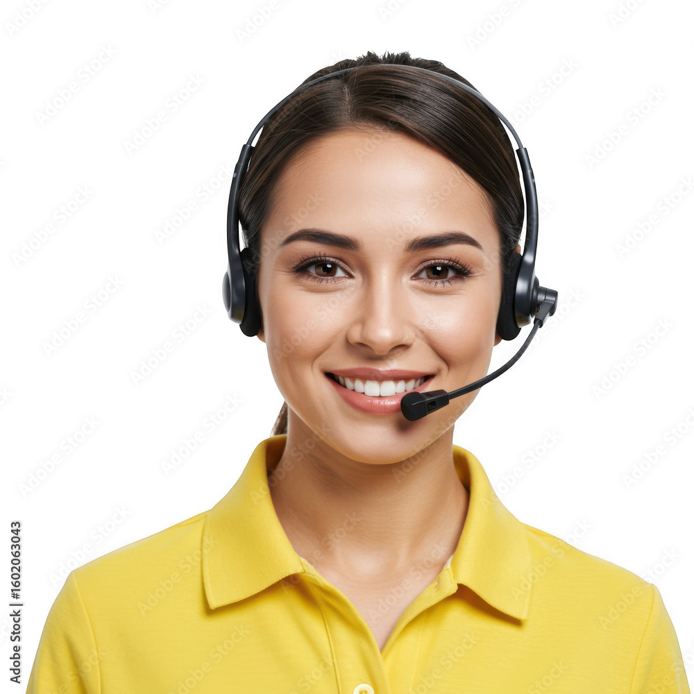 Friendly smiling young woman wearing a headset and yellow polo shirt ready to assist customers isolated on transparent background Friendly smiling young woman wearing a headset and yellow polo shirt ready to assist customers isolated on transparent background
