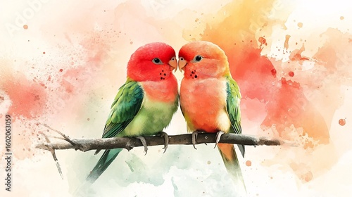 Two parrots on a branch in a watercolor style.