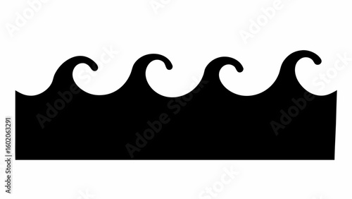 Black and white illustration of a series of waves with curled tops against a white background design element