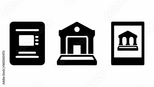 Illustration depicting an atm machine, a bank building, and a banking app on a mobile device