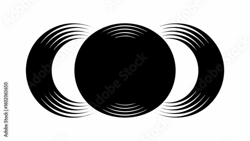 Three overlapping circles with curved lines emanating from the edges in black and white design art