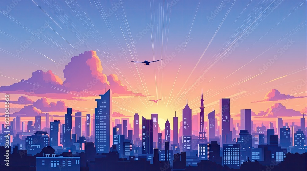 Fototapeta premium A stylized cityscape at sunrise, depicted in a vibrant palette of purples, oranges, and pinks. A small aircraft flies across a radiant sun, its rays extending across the sky. 