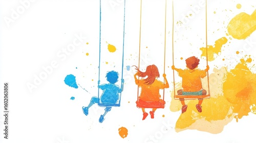 Children swinging joyful watercolor art