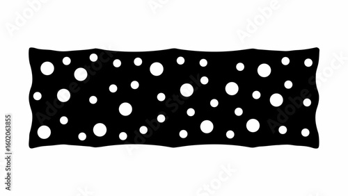 Black rectangle with wavy edges filled with scattered white circles of varying sizes uniformly placed