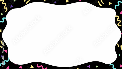 White irregular frame on black background with confetti and streamers scattered around the border design