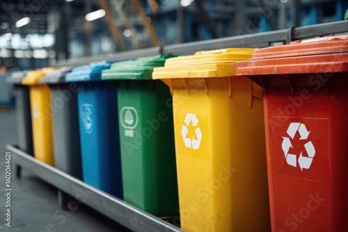 Colorful Recycling Bins in Industrial Warehouse Setting